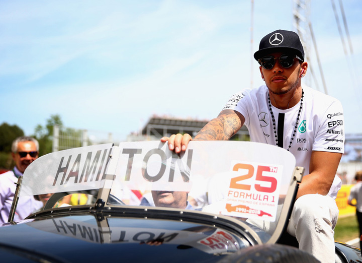 MONTMELO, SPAIN - MAY 10:  Lewis Hamilton of Great Britain and Mercedes GP looks on during the drivers' parade before the Spanish Formula One Grand Prix at Circuit de Catalunya on May 10, 2015 in Montmelo, Spain.  (Photo by Clive Mason/Getty Images)