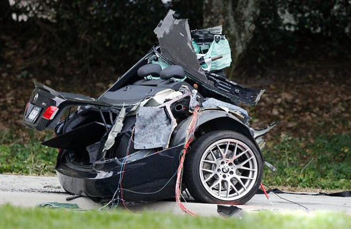 Car: 2010 BMW M3 Description: Driving at a high rate of speed, owner lost control and struck two trees, splitting the car in half and causing the front half to catch fire.  The accident occured at 3:30 in the morning and the driver was killed. Location: Palm Beach, FL