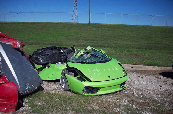 Car: 2008 Lamborghini Gallardo Description: Circumstances of this horrible crash are still not known.  The driver was  in a comma when extracted from the scene.  The Lamborghini was split completely in half. Location: Fort Worth, TX